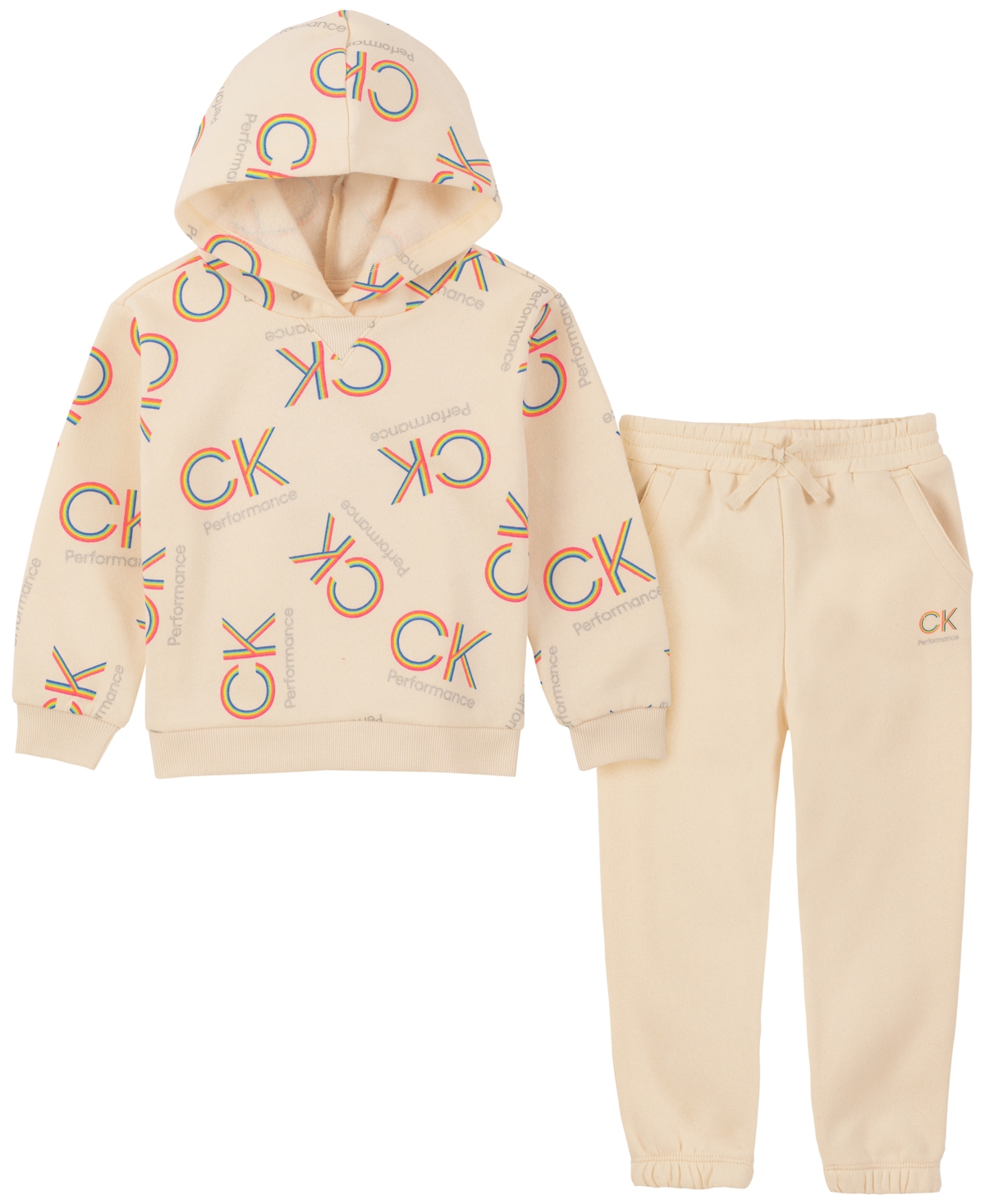 Calvin Klein Toddler Girls Fleece Logo Hoodie Sweatsuit, 2 Piece Set In Tan  | ModeSens