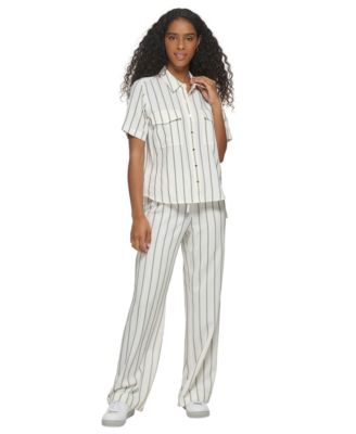 Calvin Klein Womens Short Sleeve Striped Shirt Drawstring Pants