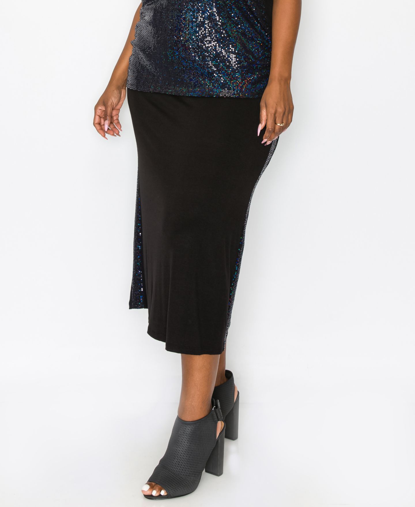 Женская юбка COIN 1804 Plus Size Sequin Side Contrast Fold Over Midi, цвет: Чёрный — фото 3