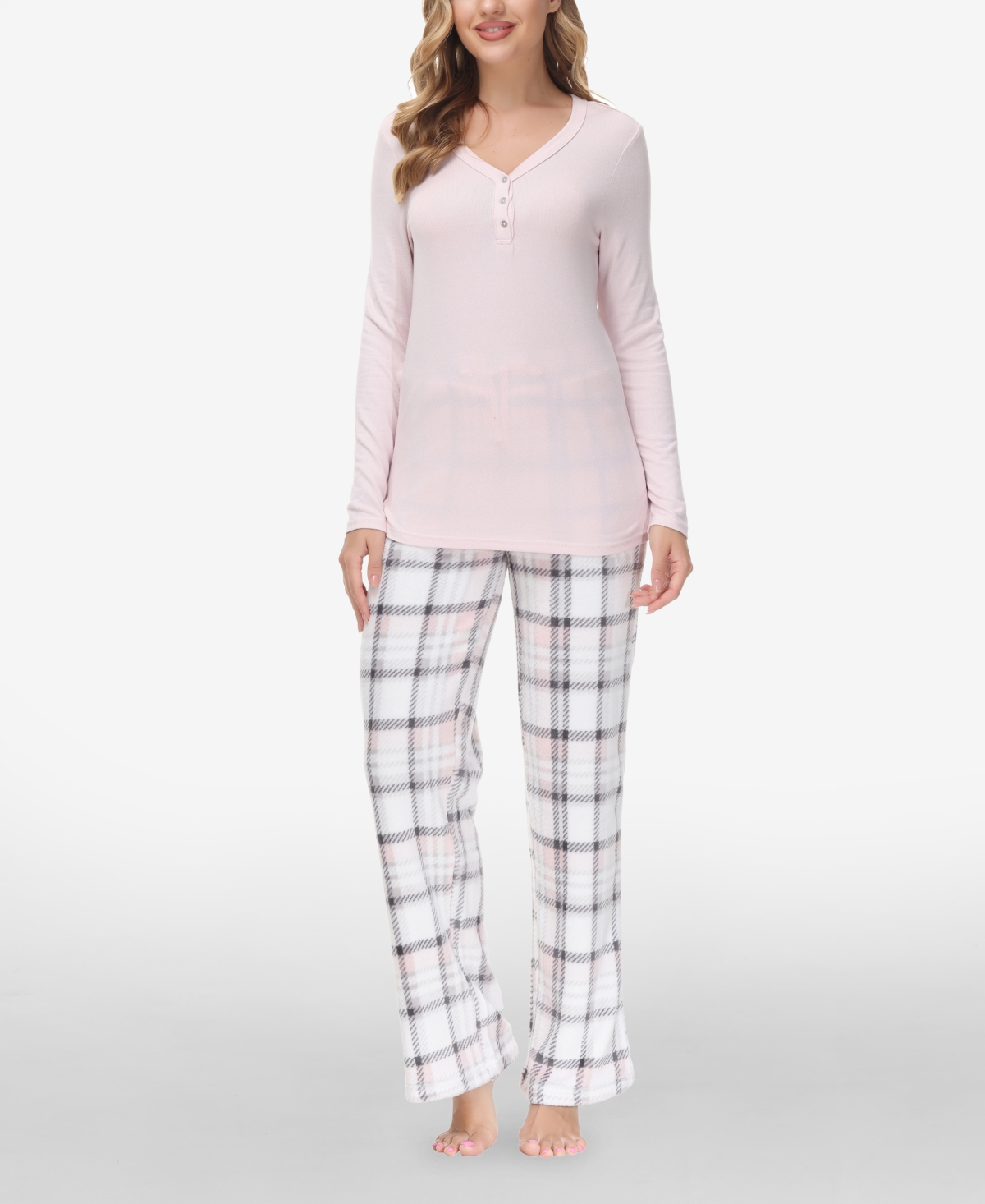 Women's Henley Top With Microlight Lounge Pant Set, 2 Piece In Arcticplaid  Pink