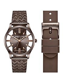 Women's Quartz Brown Stainless Steel Mesh Bracelet and Genuine Leather Strap Watch 34.5mm Gift Set