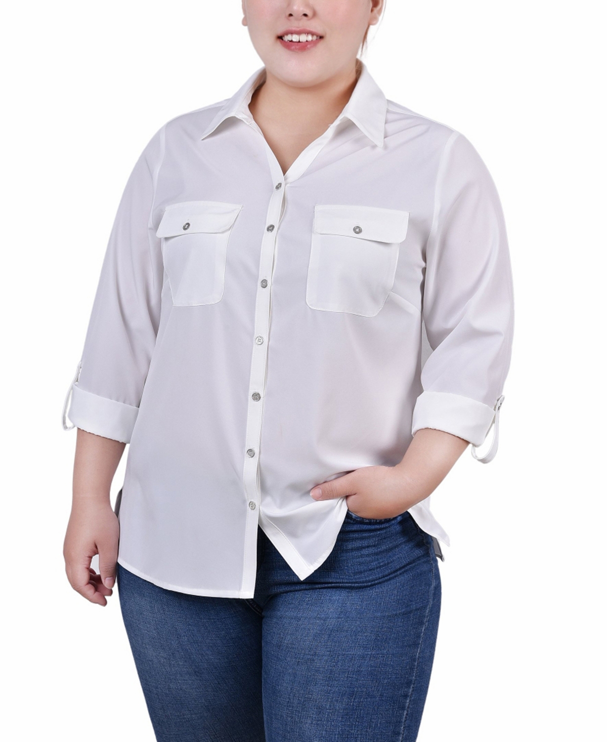 Plus Size 3/4 Roll Tab Blouse with Pockets - Sangria