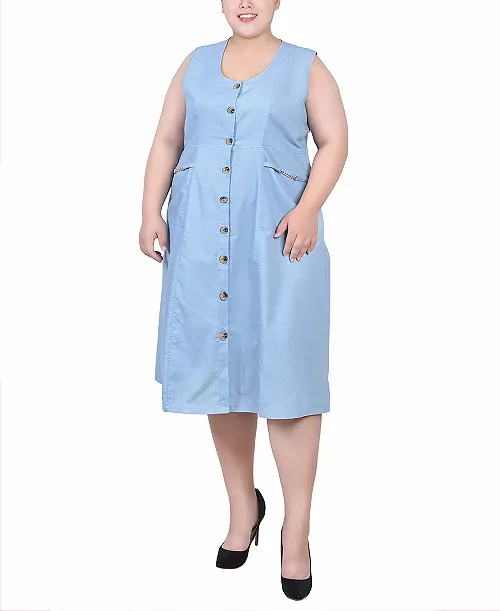 plus size sleeveless chambray dress with hardware