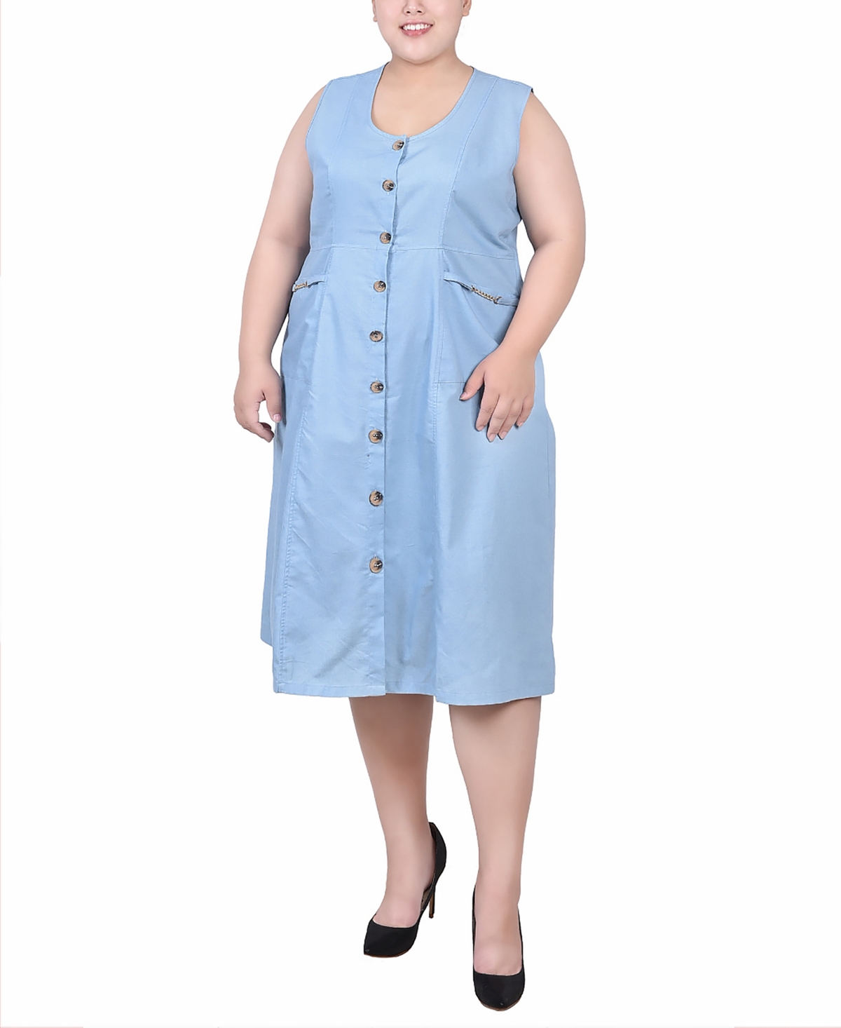 Ny Collection Plus Size Sleeveless Chambray Dress With Hardware In Light Denim