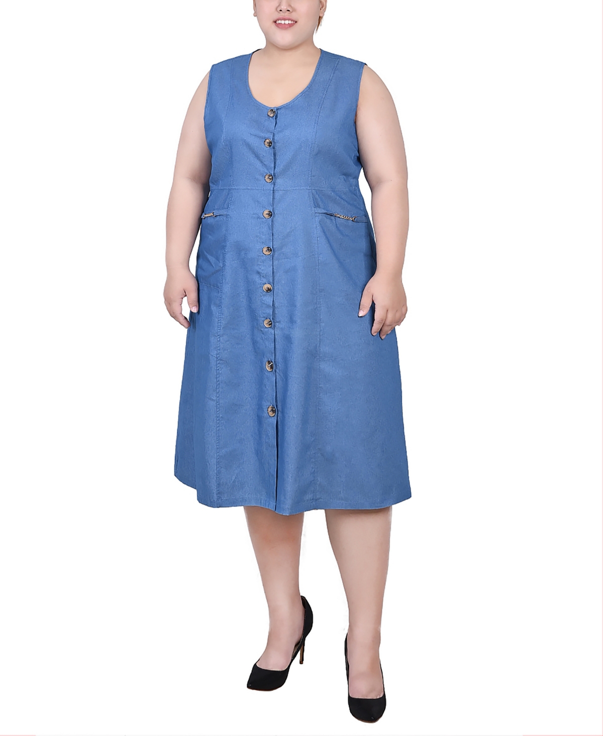 Ny Collection Plus Size Sleeveless Chambray Dress With Hardware In Medium Denim
