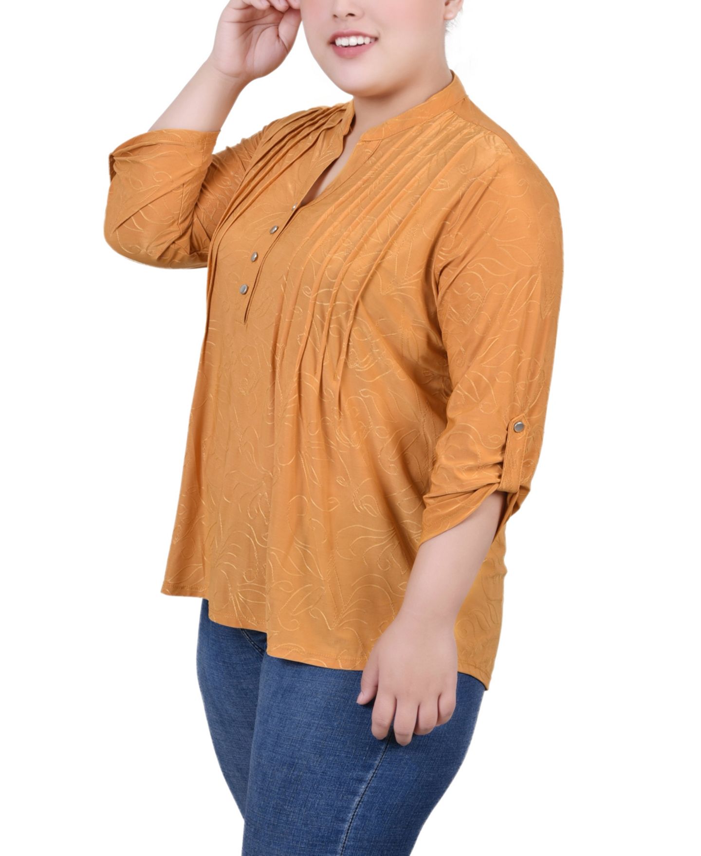 Женский свитер NY Collection Plus Size 3/4 Roll Tab Pullover Top, цвет: Золотой — фото 3