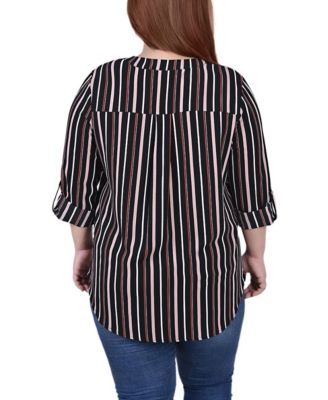 Plus Size 3/4 Sleeve Mandarin Collar Blouse with Front Pleats
