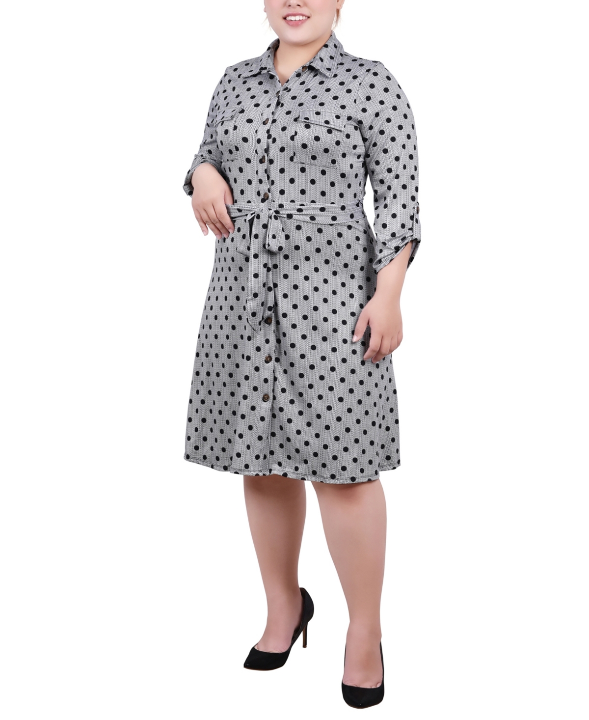 Plus Size 3/4 Sleeve Roll Tab Shirtdress - Nancy Plaid