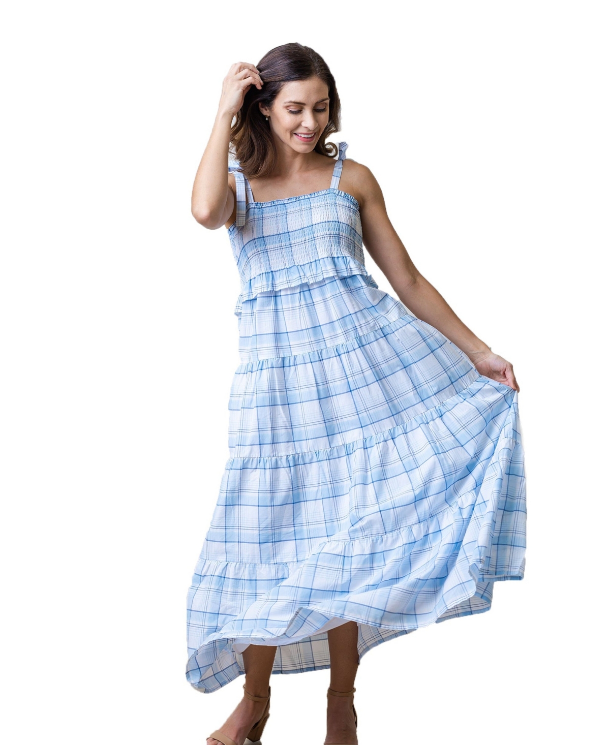 Women's Smocked Tiered Dress - Classic Blue Tonal Plaid