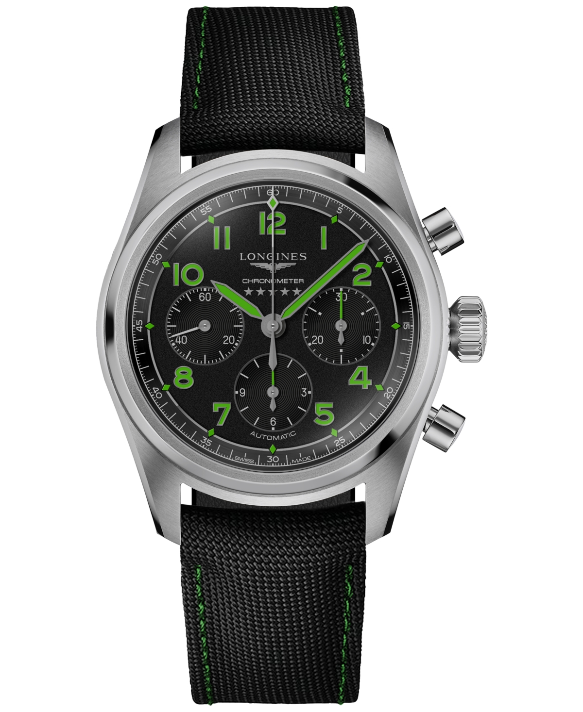 Longines Men's Swiss Automatic Chronograph Spirit Pioneer Edition Black Synthetic Strap Watch 42mm