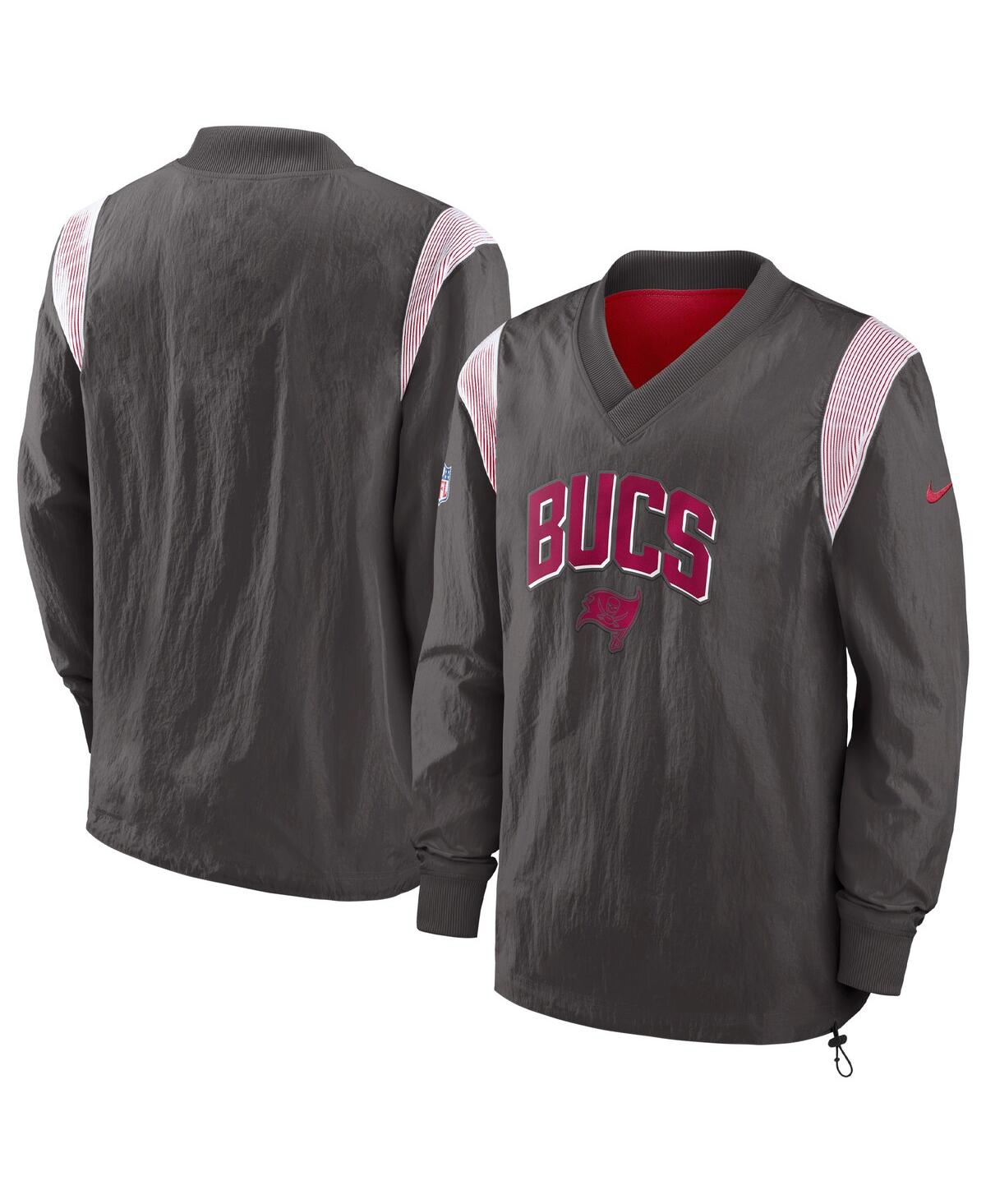 Shop Nike Men's  Pewter Tampa Bay Buccaneers Sideline Athletic Stack V-neck Pullover Windshirt Jacket