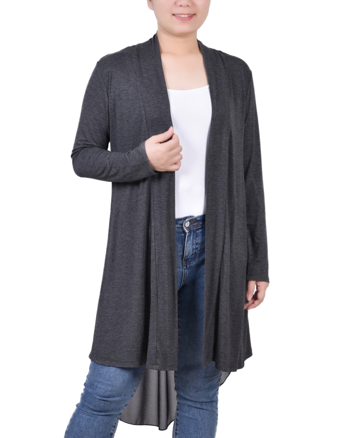 Ny Collection Women's Long Sleeve Knit Cardigan With Chiffon Back In Charcoal
