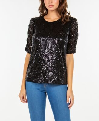 Fever Women's Rouched Short Sleeve Sequin Top - Macy's