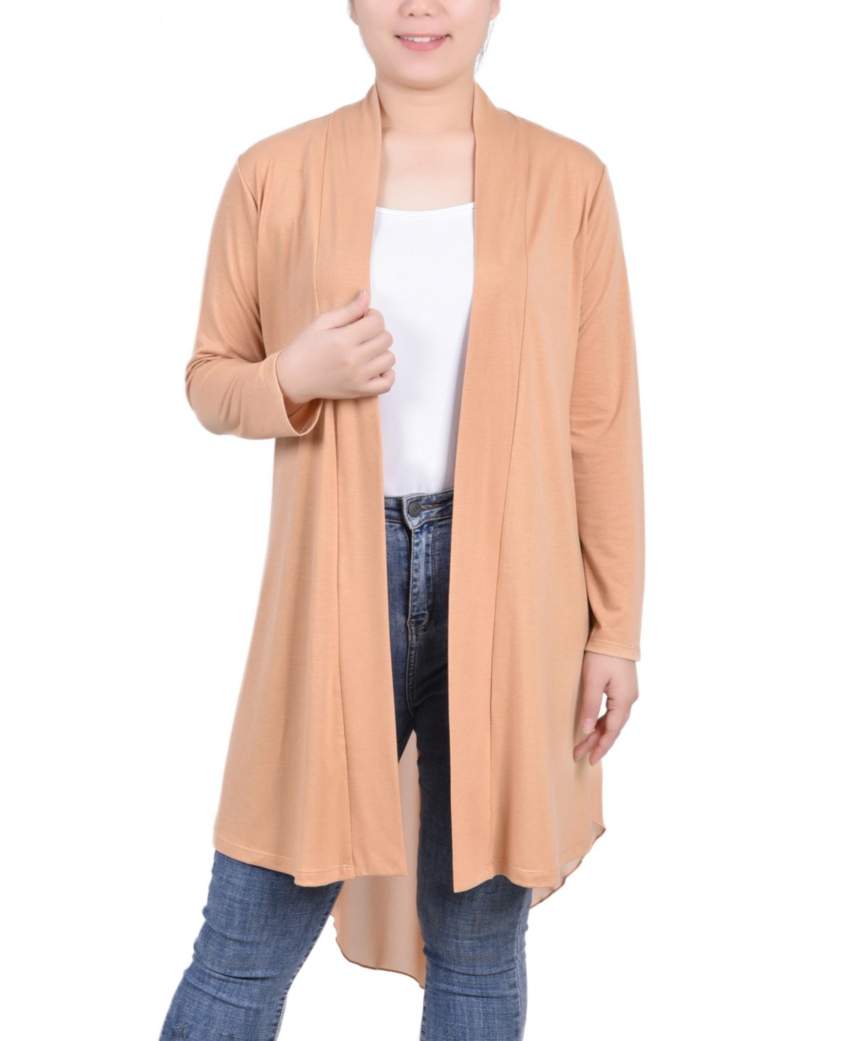 Ny Collection Plus Size Long Sleeve Knit Cardigan With Chiffon Back In Sand