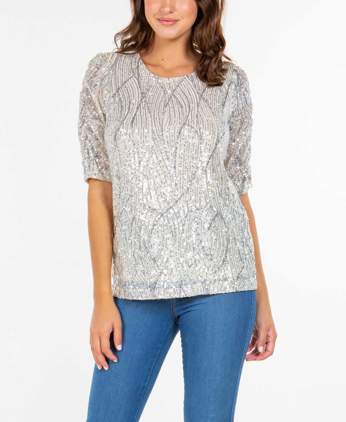 Fever Women's Rouched Short Sleeve Sequin Top