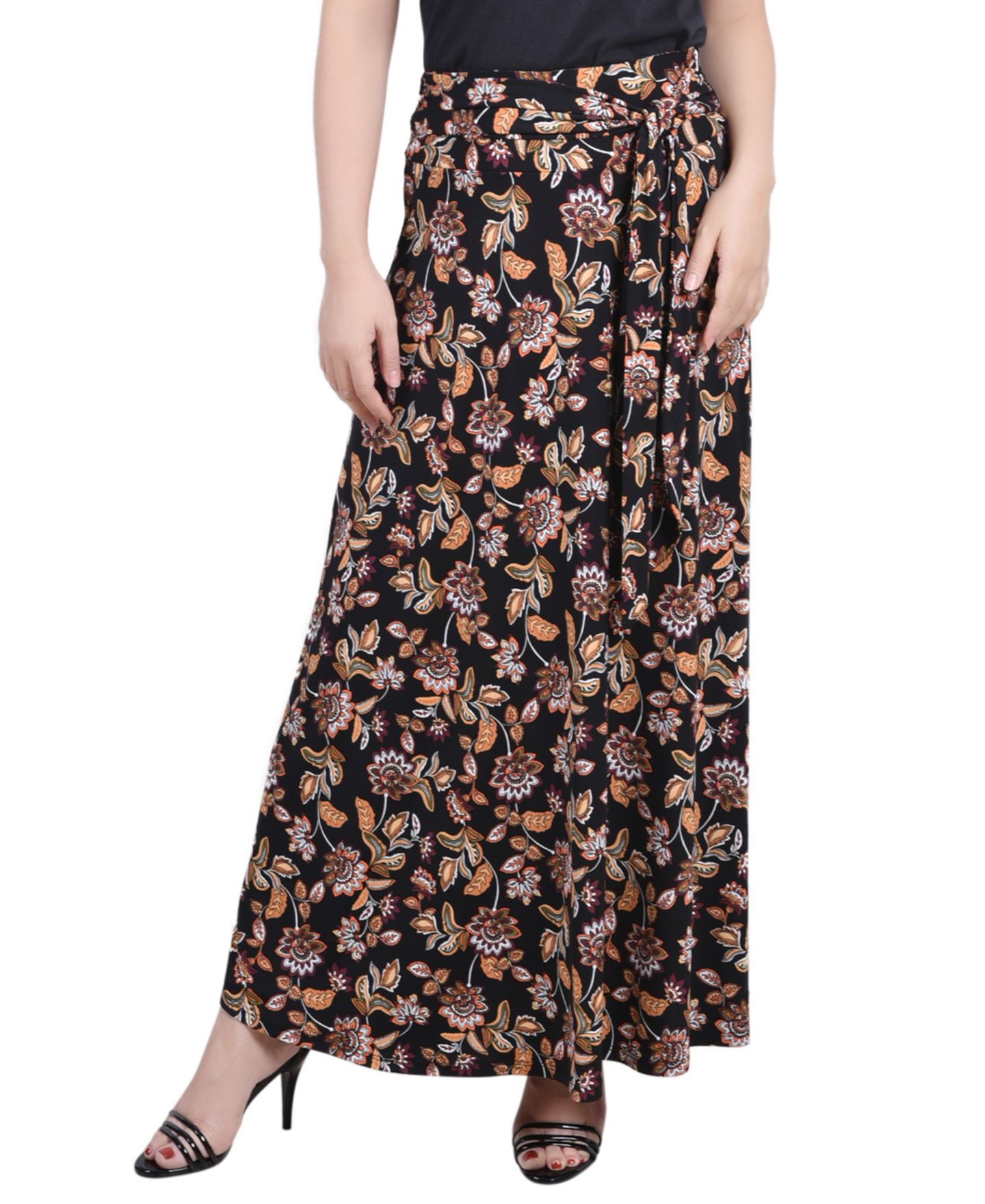 Женская юбка NY Collection Missy Maxi Skirt with Sash Waist Tie, цвет: Чёрный золотой с принтом — фото 1
