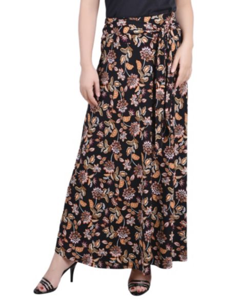 Женская юбка NY Collection Missy Maxi Skirt with Sash Waist Tie, цвет: Чёрный золотой с принтом