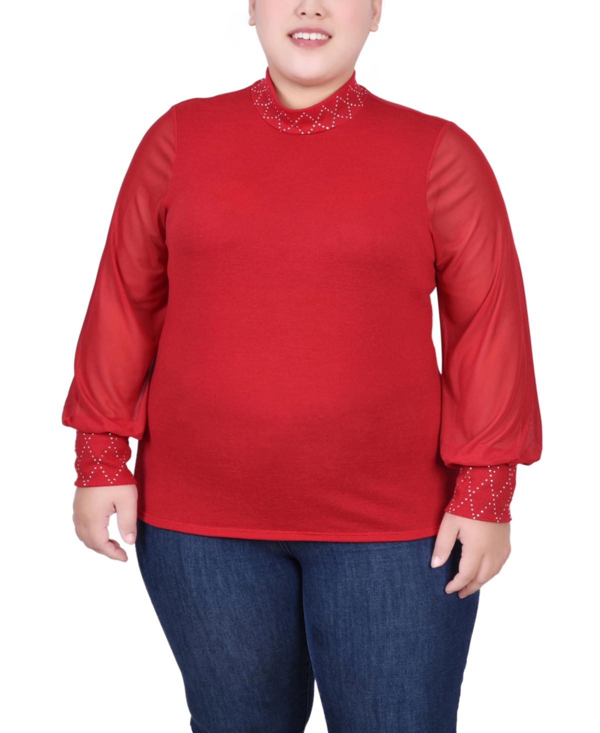 Ny Collection Plus Size Long Mesh Sleeve Pullover Top With Jewels In Jester Red