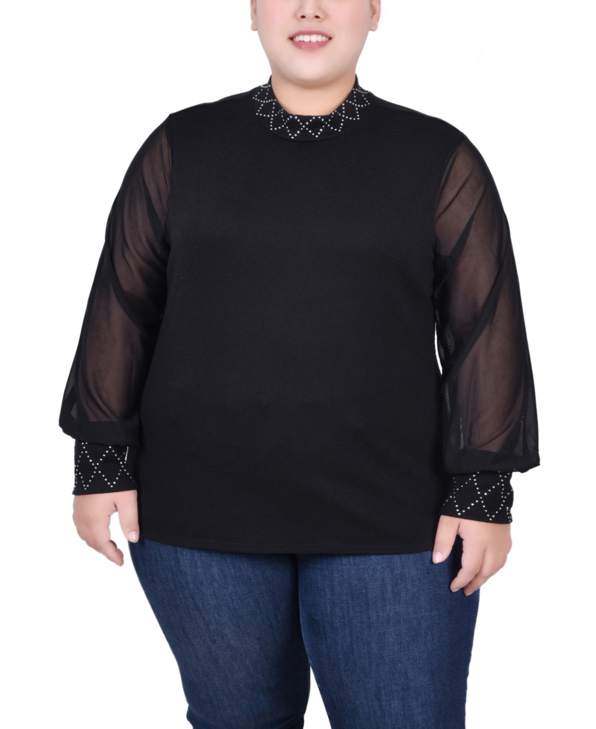 Ny Collection Plus Size Long Mesh Sleeve Pullover Top With Jewels In Black