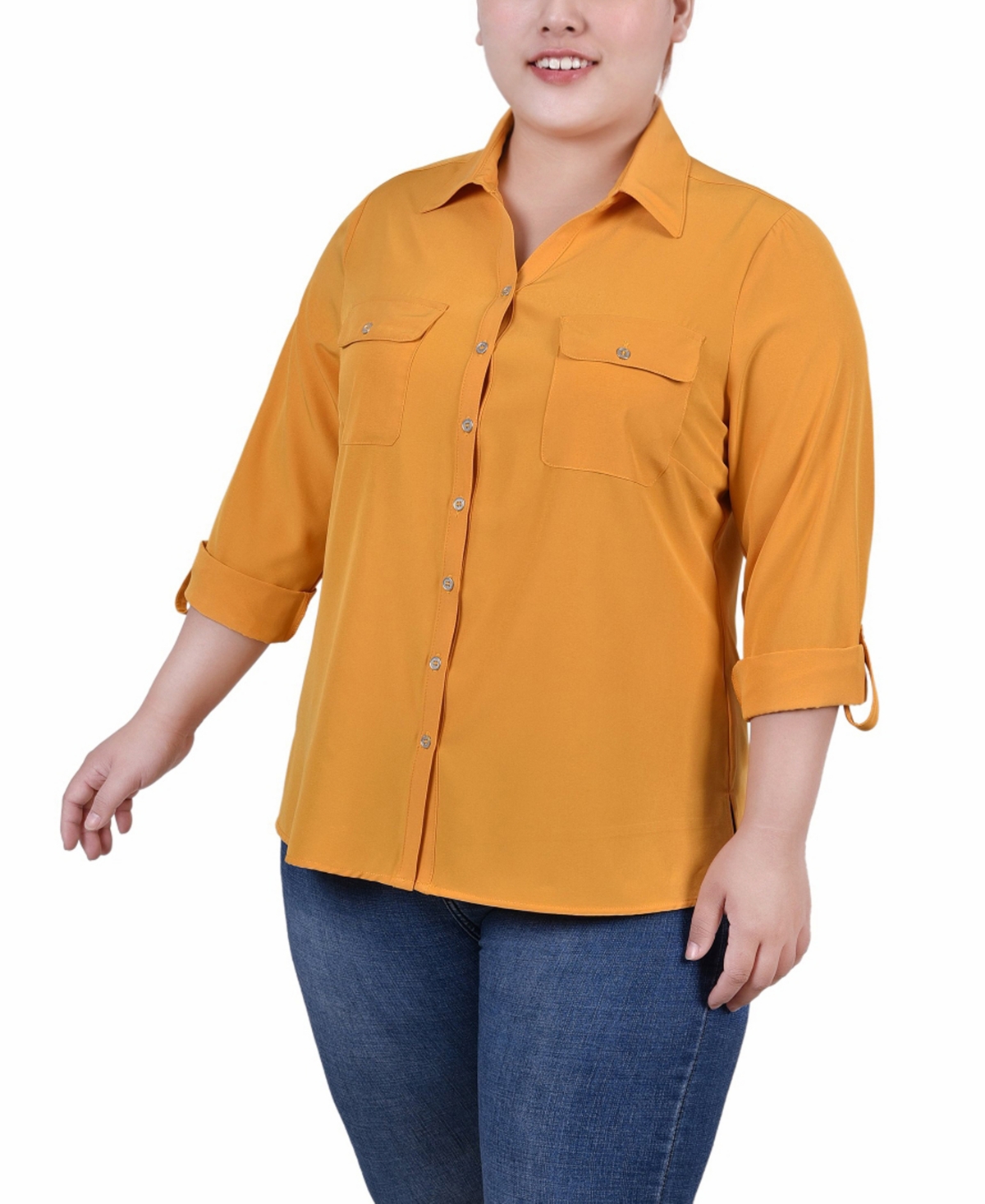 Plus Size 3/4 Roll Tab Blouse with Pockets - Sangria