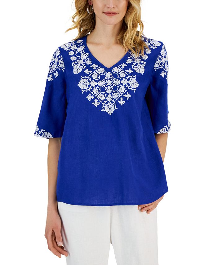 Charter Club Women's Linen Embroidered VNeck Top, Created for Macy's