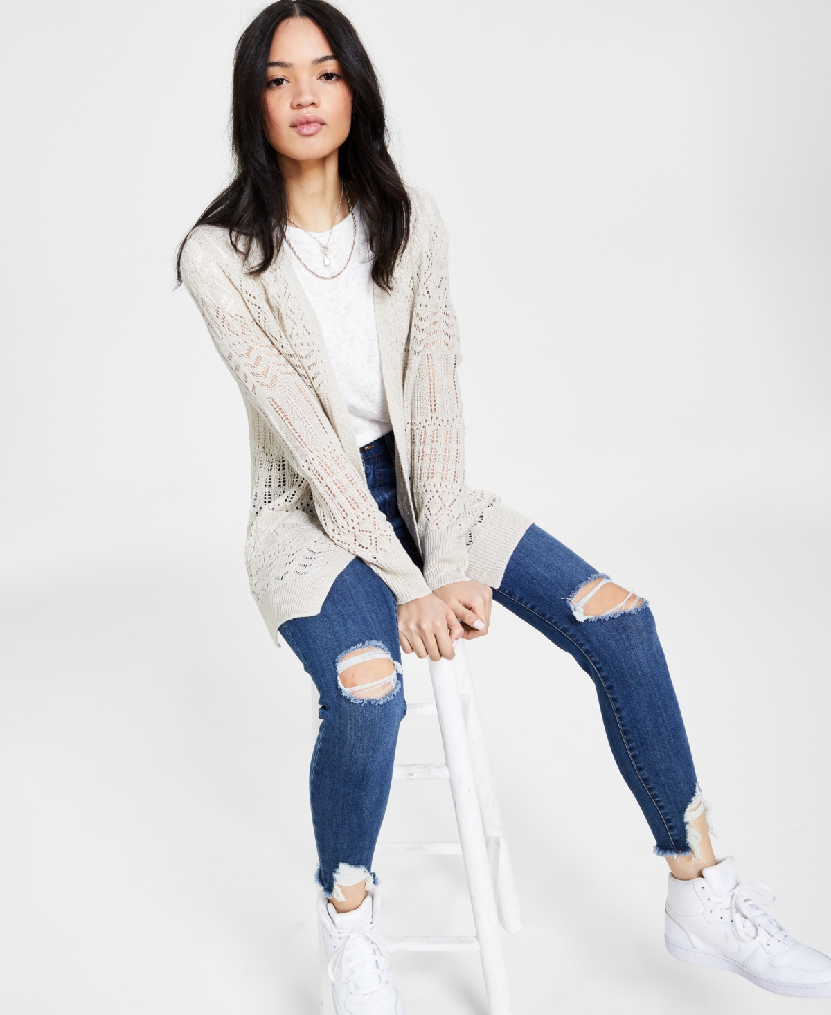 Hippie Rose Juniors' Pointelle Open-Front Long-Sleeve Cardigan