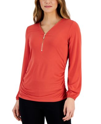 JM Collection - Women's Zip-Front Ruched Top