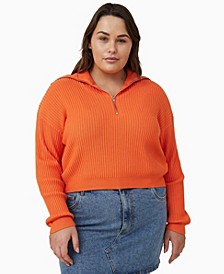 Trendy Plus Size Crop Rib Zip Collar Sweater
