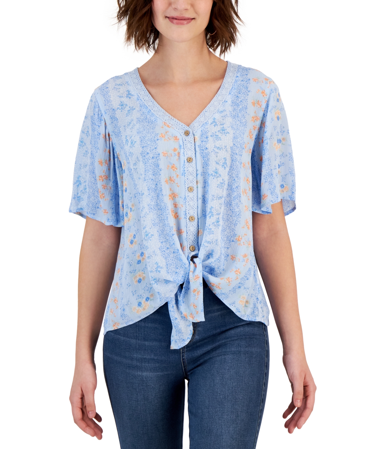 Hippie Rose Juniors' Textured Printed Button-Front Top