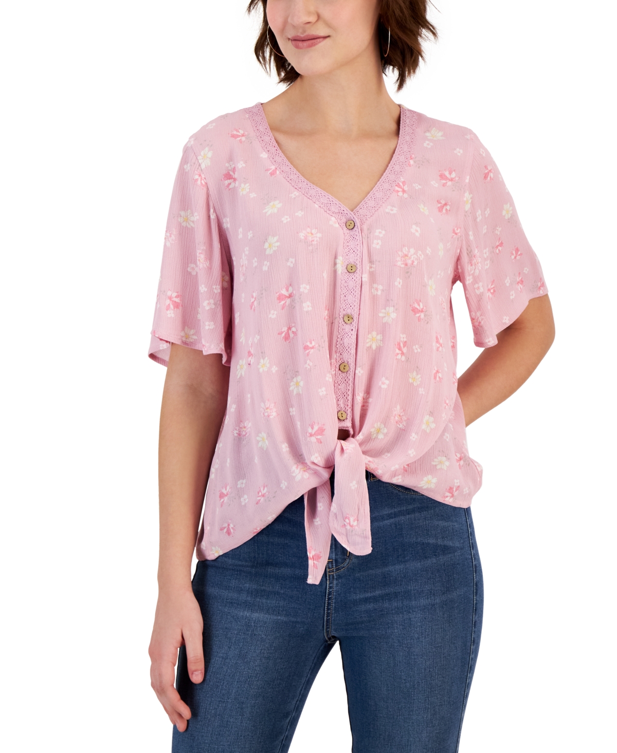 Hippie Rose Juniors' Textured Printed Button-Front Top