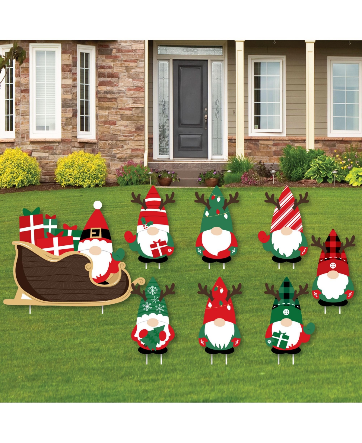 15245506 Red and Green Holiday Gnomes Santa Sleigh Lawn Chr sku 15245506