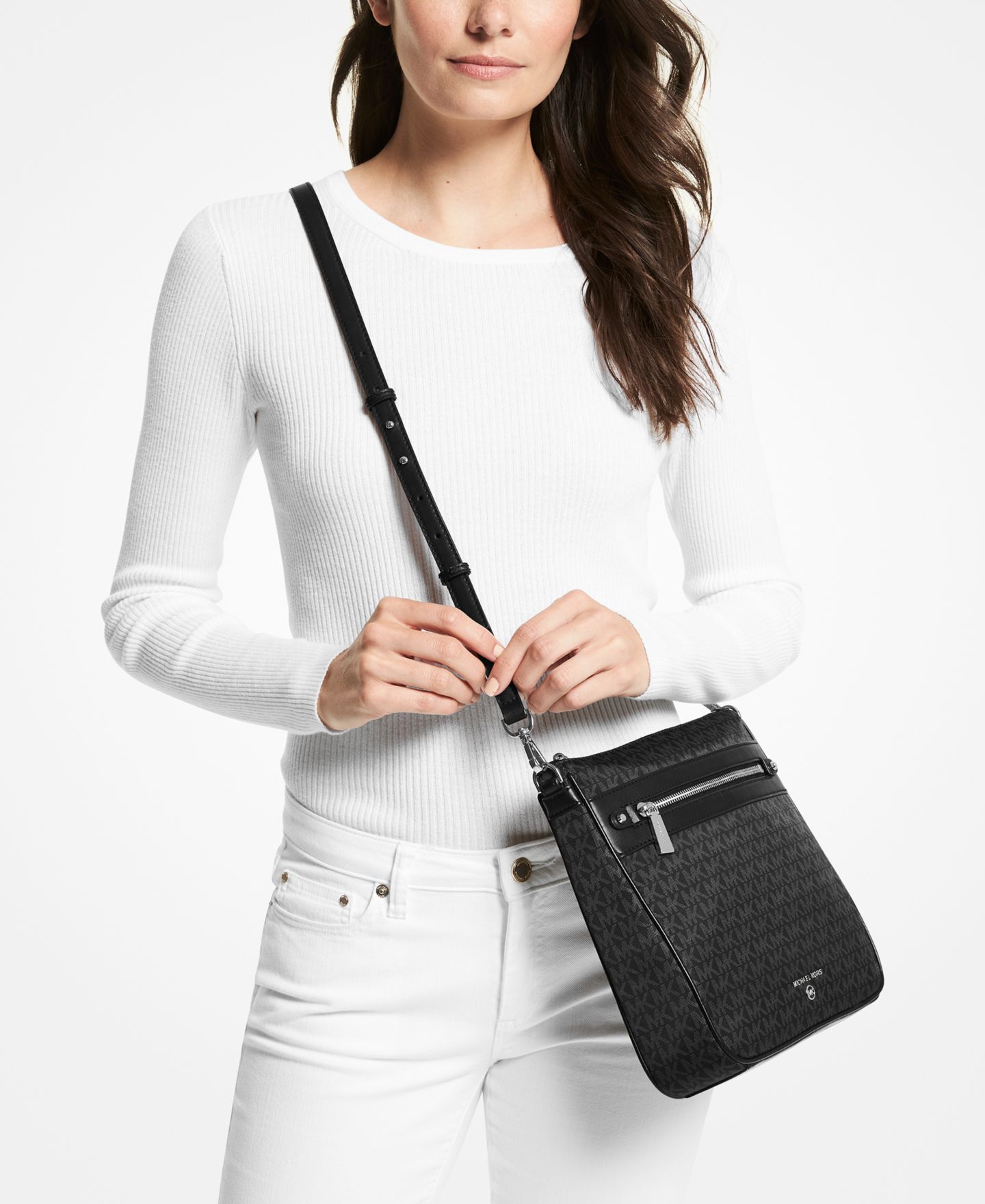 Женская сумка Michael Kors Logo Jet Set Charm Large North South Nylon Crossbody, цвет: Чёрный / Серебряный — фото 2