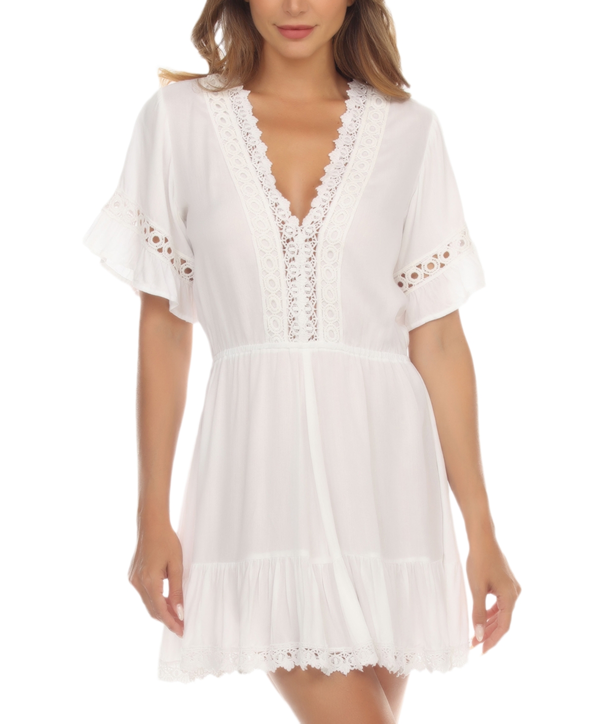Women's V-Neck Short-Sleeve Lace-Trim Dress Cover-Up - Black