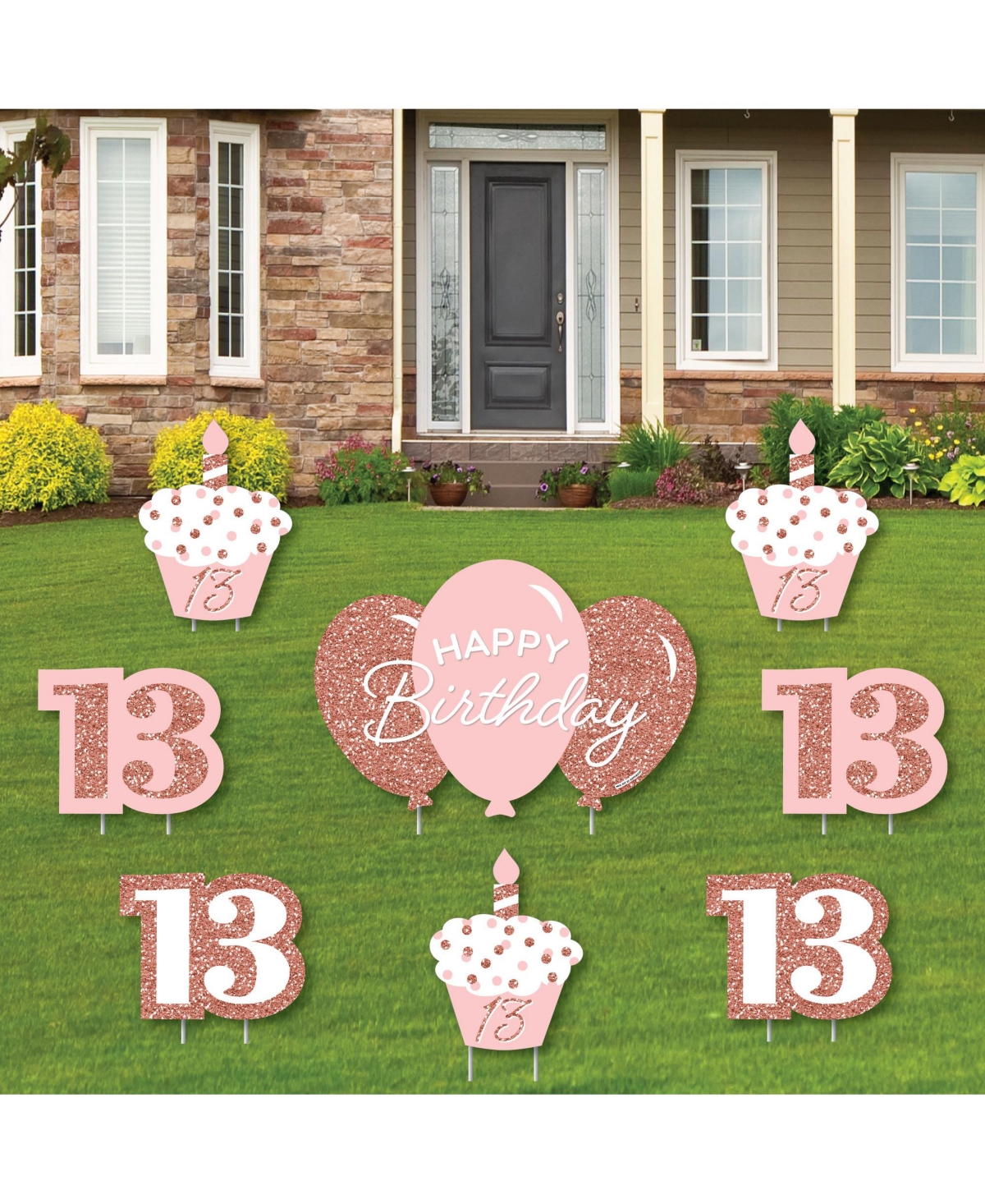 13th Pink Rose Gold Birthday Outdoor Lawn Decorations Party Yard Signs 8 Ct