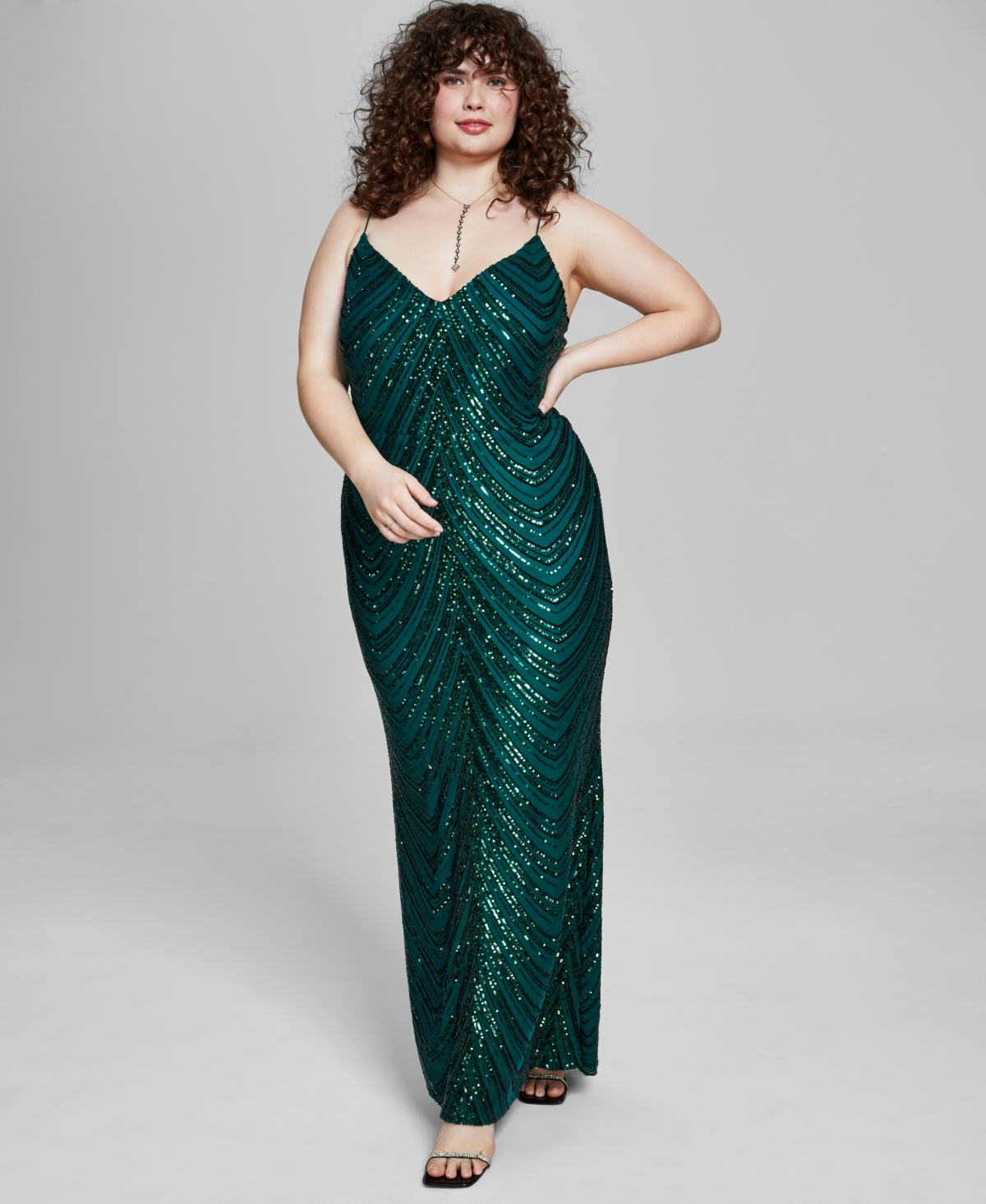 B Darlin Trendy Plus Size Sequined V-neck Sleeveless Gown In Hunter