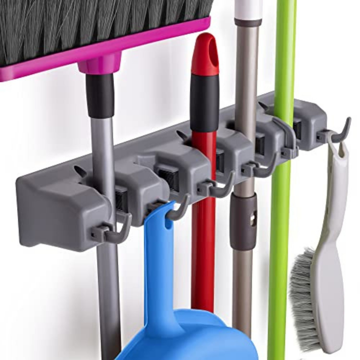 5 Slots Mop and Broom Organizer Wall Mount - Mounting Hardware Included - White