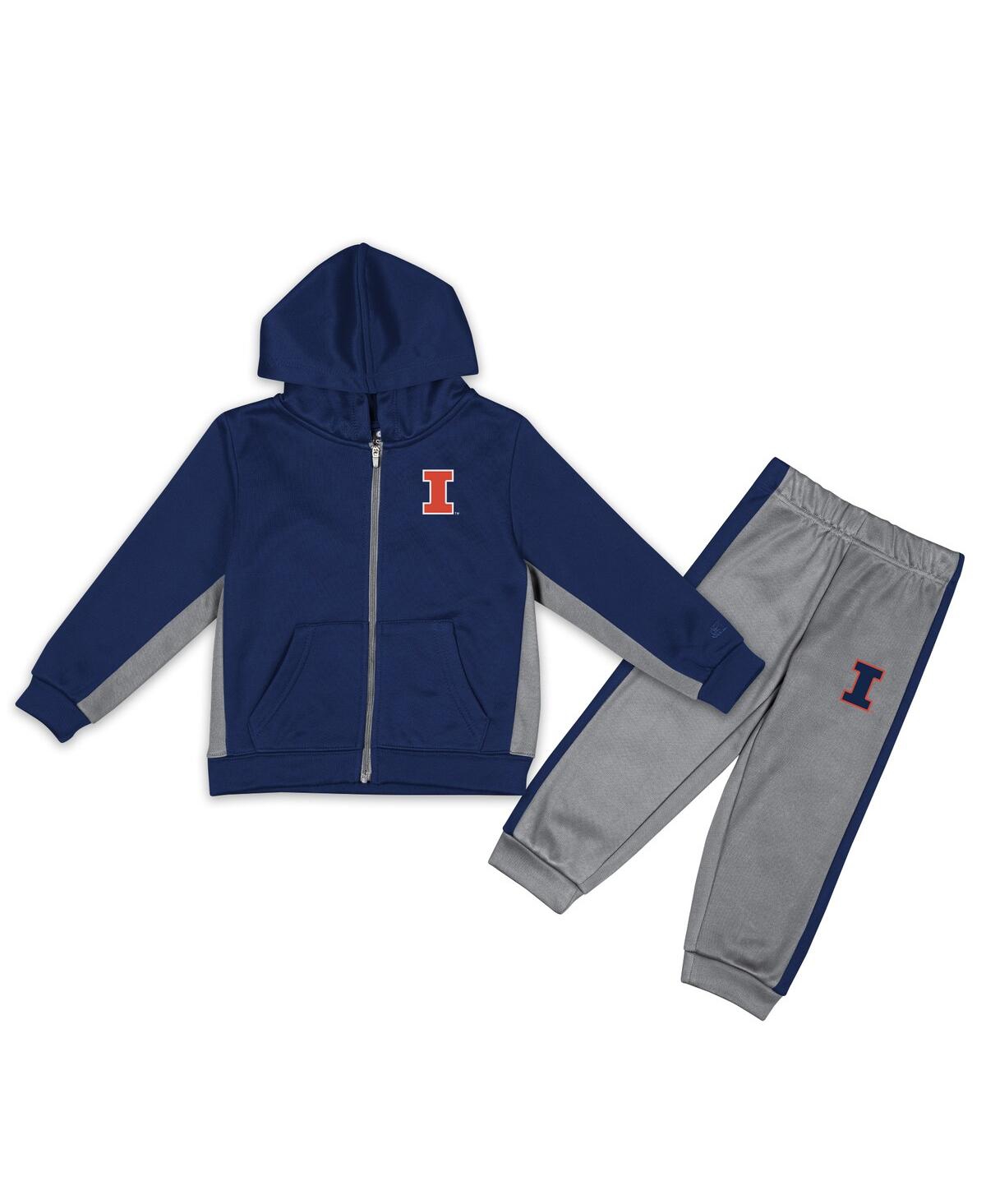 Colosseum Babies' Toddler Boys  Navy, Gray Illinois Fighting Illini Shark Full-zip Hoodie Jacket And Pants Se In Navy,gray