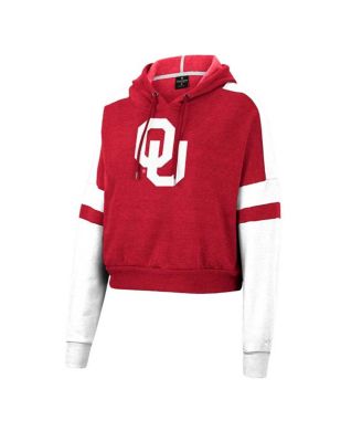Women's Crimson Oklahoma Sooners Throwback Stripe Arch Logo Cropped Pullover Hoodie