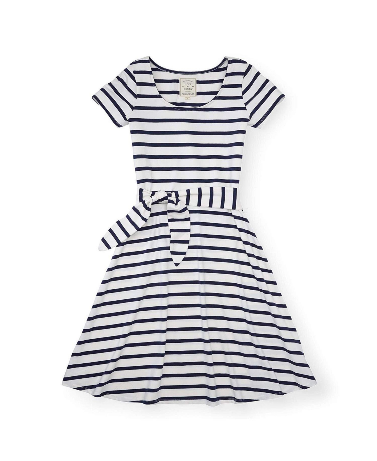 Women's Tie Waist Knit Dress - White with navy stripe