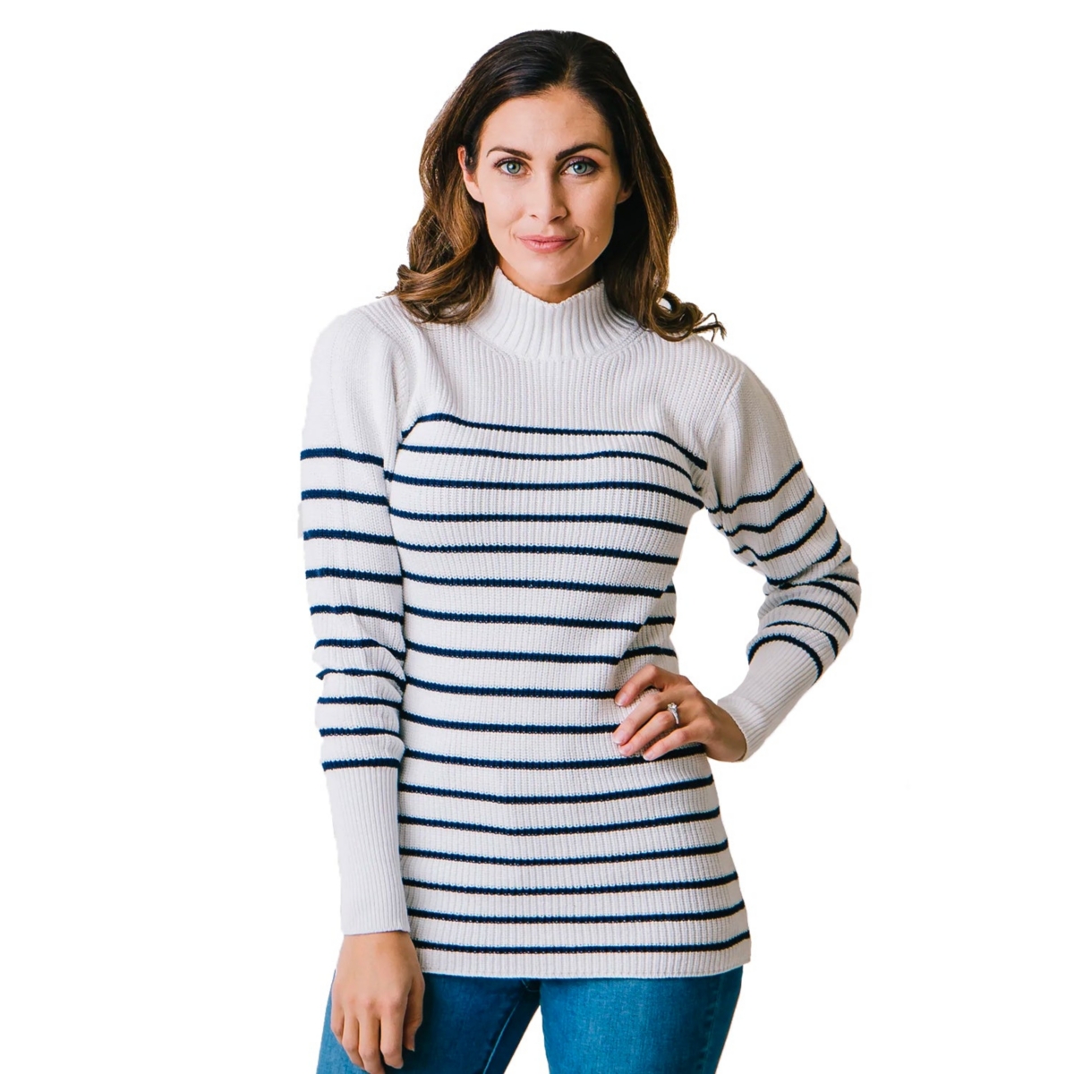 Women's Long Sleeve Mock Neck Breton Sweater - Soft White and Navy Stripe