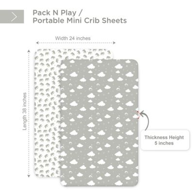 Pack and Play Fitted Sheet, Portable Pack N Plays Mini Crib Sheets, 2 Pack Play Sheets, 100% Jersey Cotton Playard Sheets