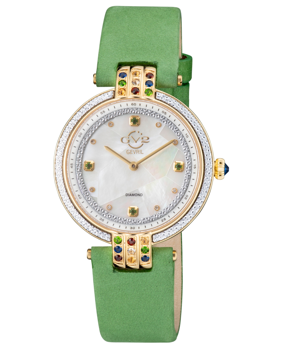 Gv2 By Gevril Women's Matera Swiss Quartz Diamond Accents Green Handmade Italian Suede Strap Watch 3 In Gold