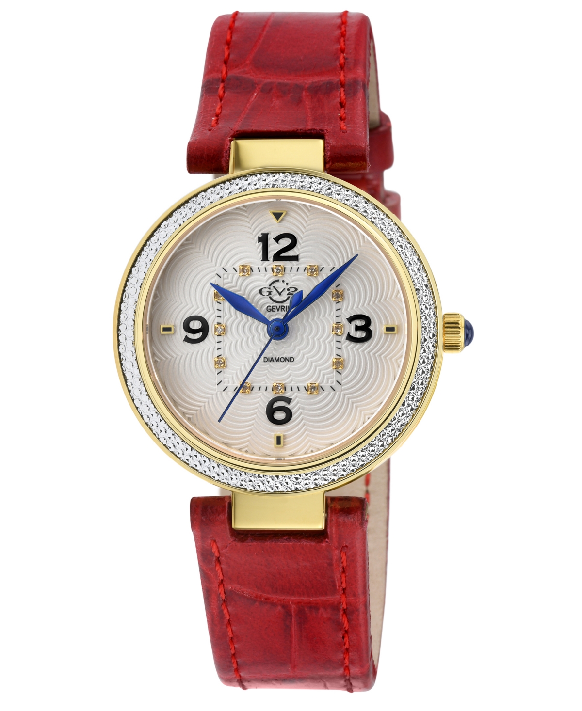 Gv2 By Gevril Women's Piemonte Swiss Quartz Diamond Accents Red Italian Leather Strap Watch 36mm In Gold