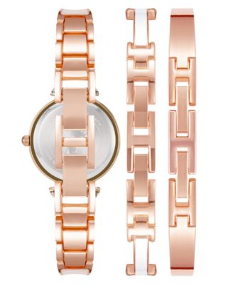 Women's Rose Gold-Tone Alloy Bangle with White Enamel and Crystal Accents Fashion Watch 33mm Set 3 Pieces