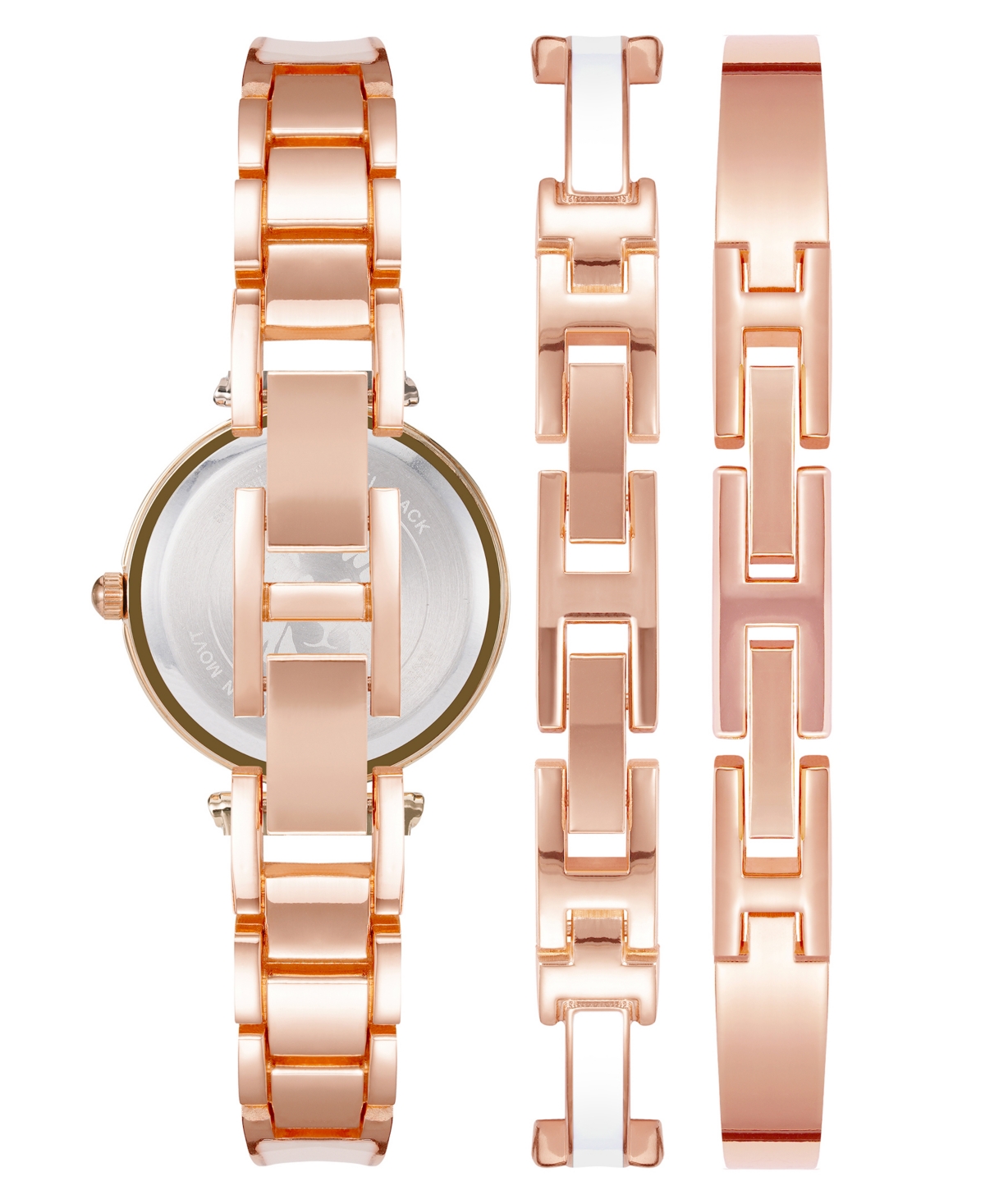 Anne Klein Women's Rose Gold-Tone Alloy Bangle with White Enamel and Crystal Accents Fashion Watch 33mm Set 3 Pieces - Rose Gold-Tone, White