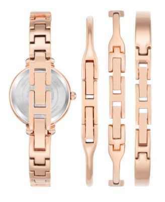 Women's Rose Gold-Tone Alloy Bangle with Navy Enamel and Crystal Accents Fashion Watch 33.5mm Set 4 Pieces