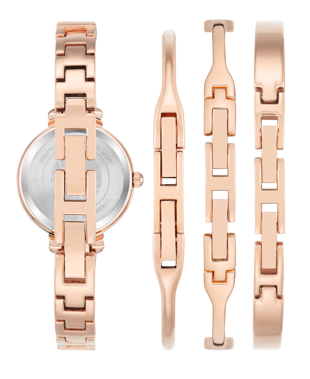 Anne Klein Women's Rose Gold-tone Alloy Bangle With Navy Enamel And Crystal Accents Fashion Watch 33.5mm Set 4 In Rose Gold-tone,navy