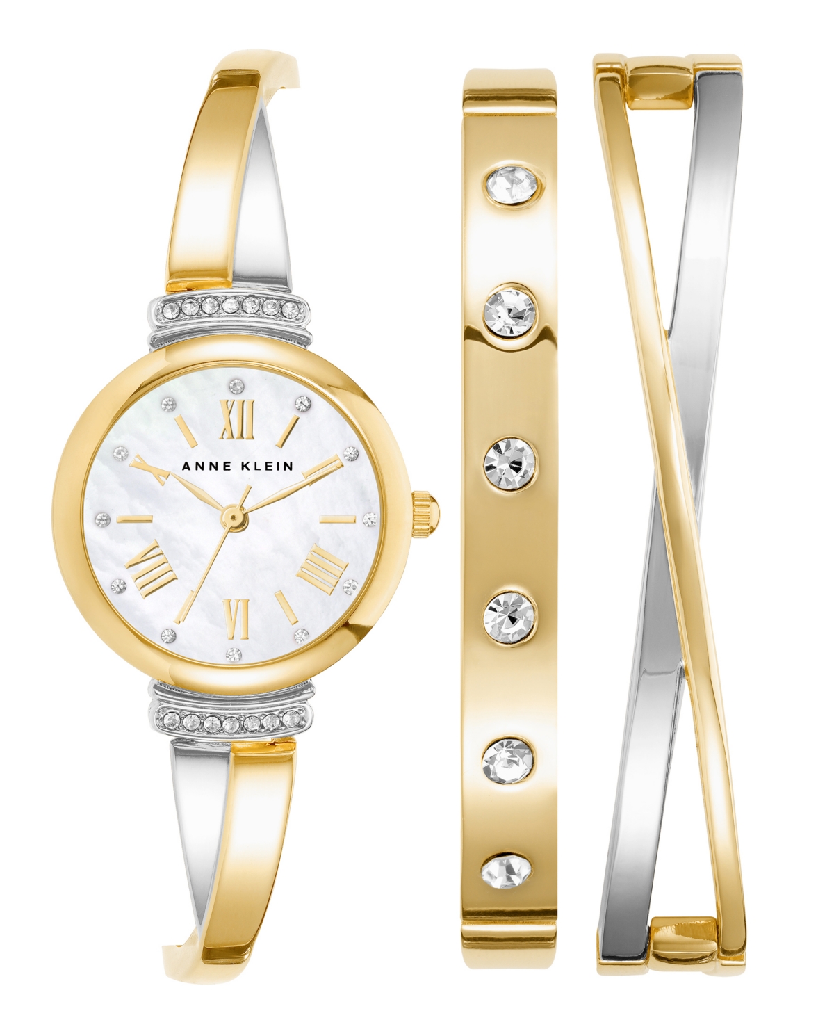 Anne Klein Women's Gold-tone And Silver-tone Alloy Bangle With Crystal Accents Fashion Watch 33mm Set 3 Pieces In Gold-tone,silver-tone