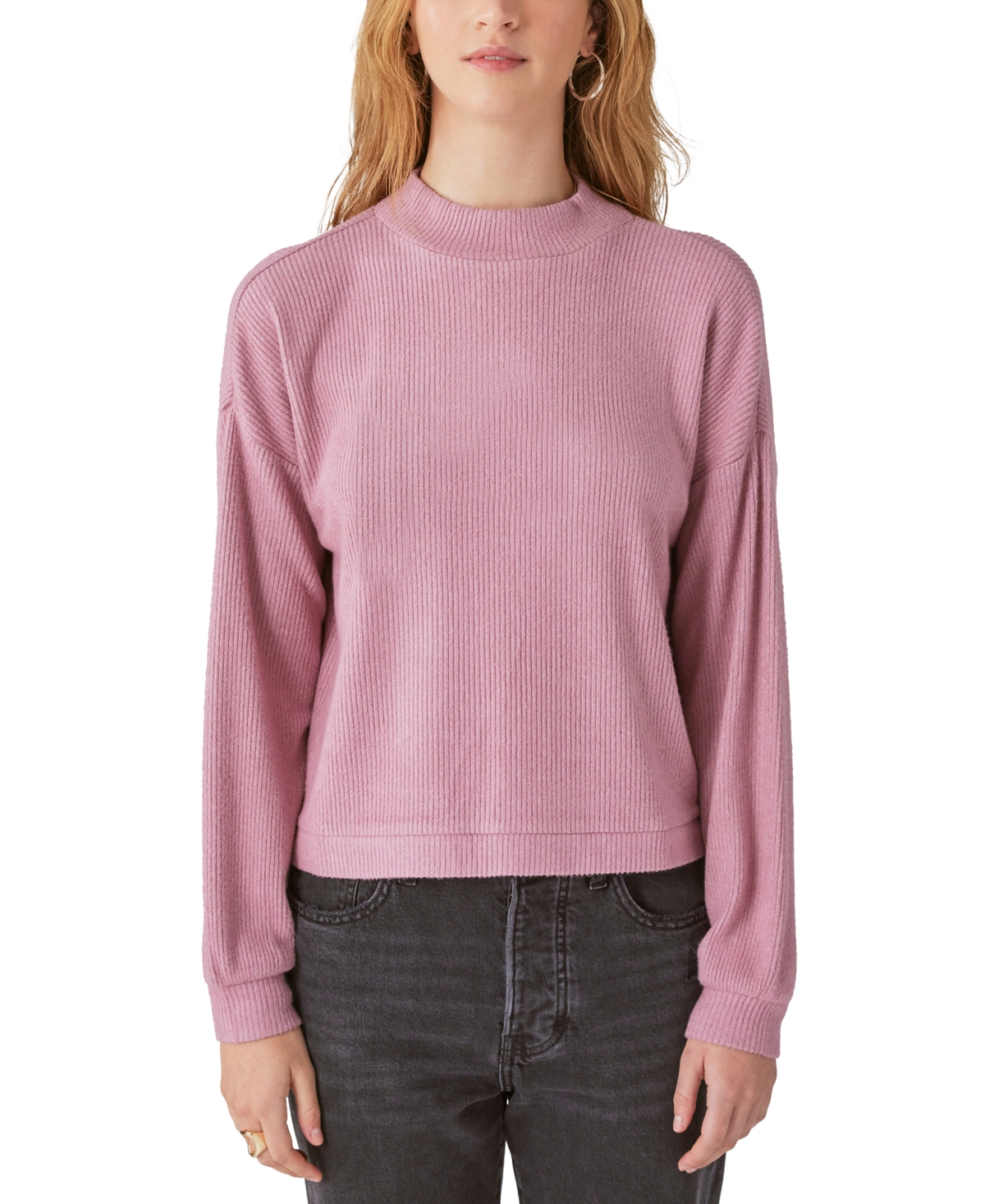 LUCKY BRAND CLOUD RIBBED MOCK NECK BUBBLE SLEEVE TOP