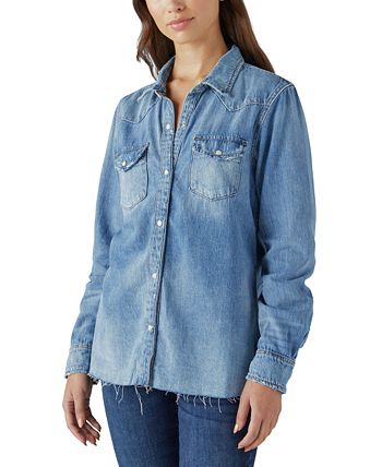 Lucky Brand Mens Pearl Snap Denim Western Shirt M Embroidered